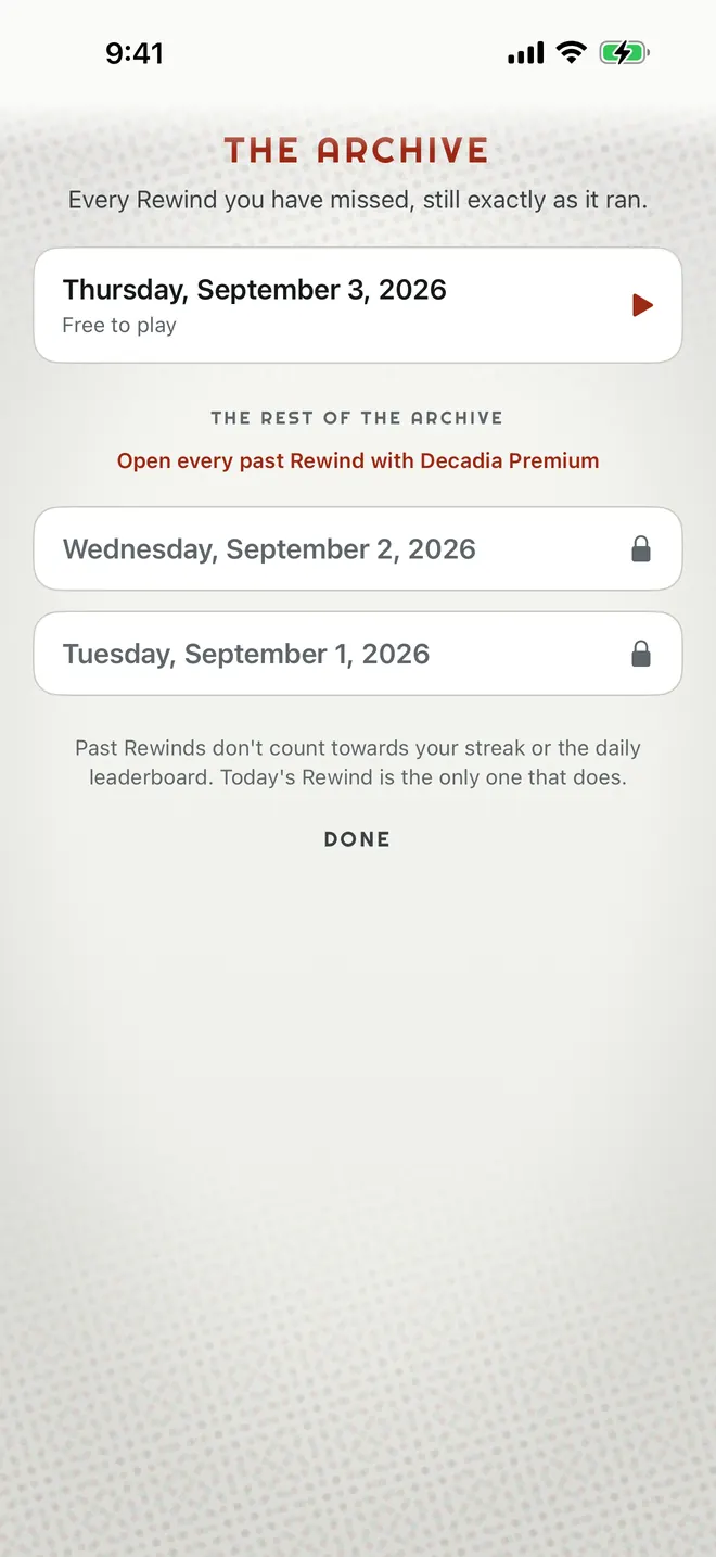 The Archive in the 1960s treatment: yesterday's Rewind free, the rest behind Premium.