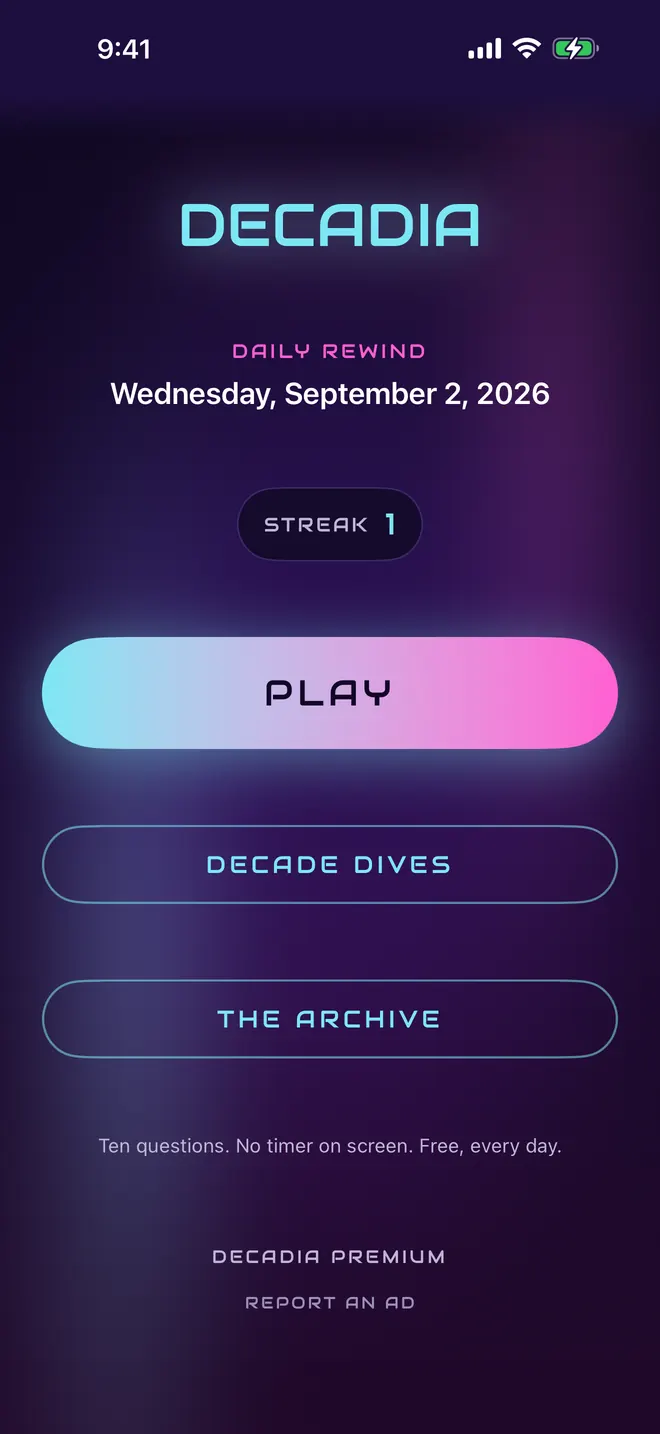 The home screen in the 1980s treatment: PLAY, Decade Dives, The Archive.